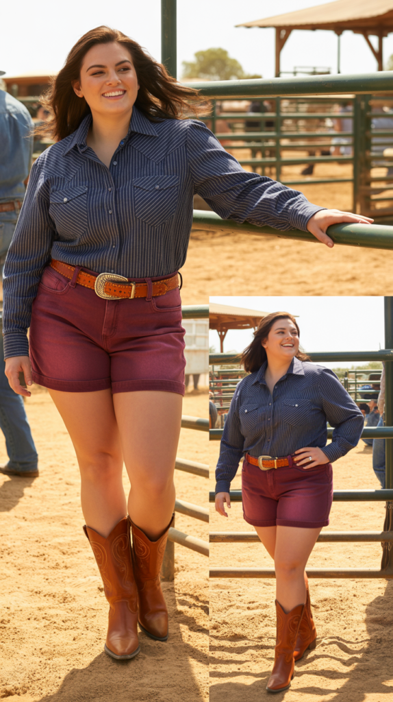 Colored Denim Shorts With Striped Western Shirt