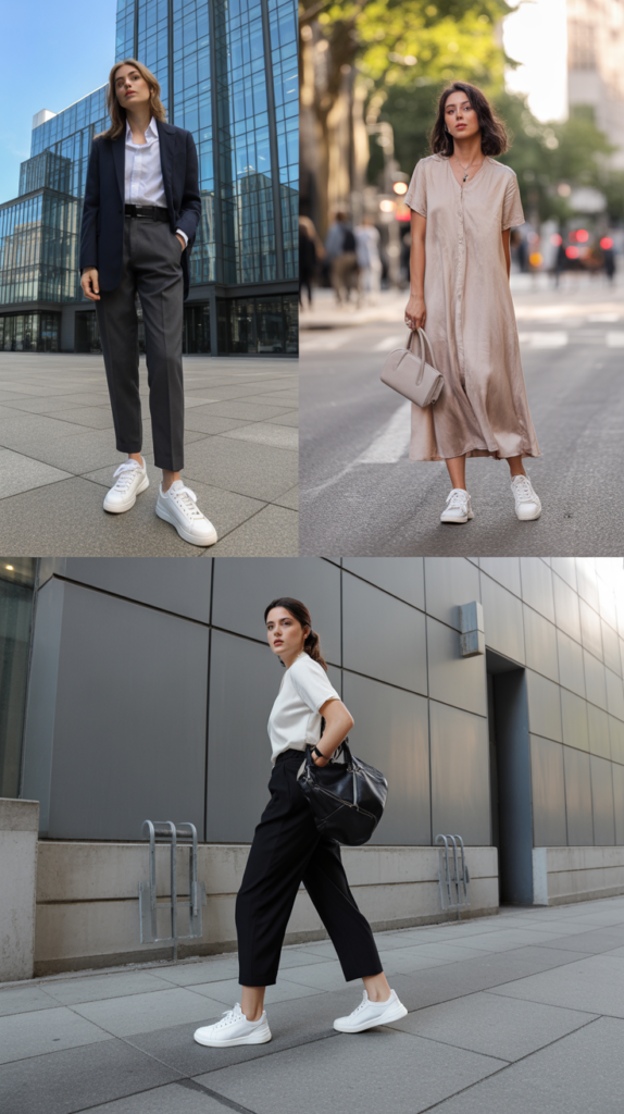 White Sneakers with Tailored Pieces