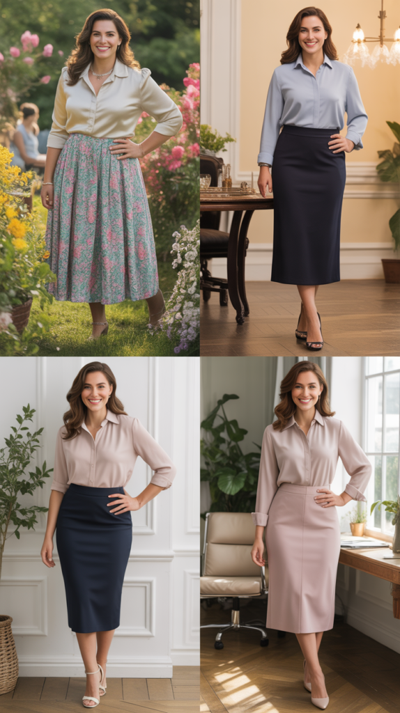 Midi Skirts with Tucked-In Blouses
