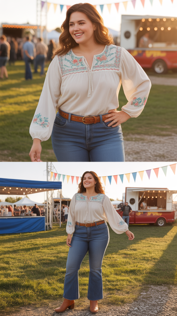 Medium Wash Straight Jeans With Embroidered Peasant Blouse
