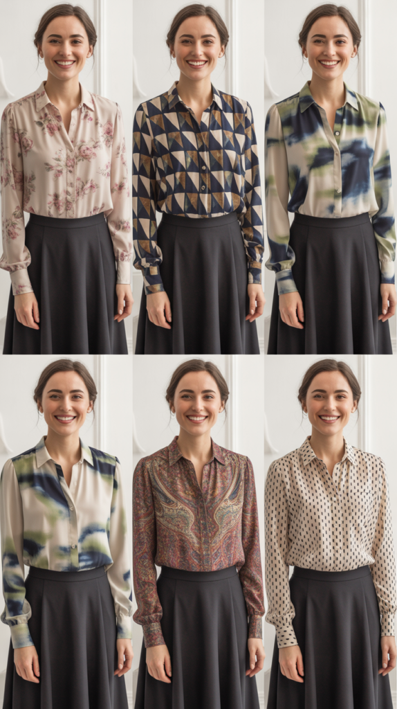  Black Midi Skirt with Printed Blouse