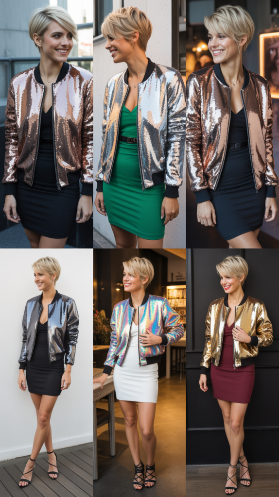 Sequined Bomber Jacket Over Mini Dress
