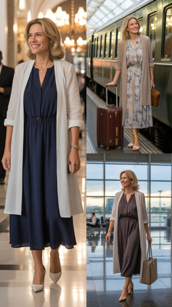  Elastic Waist Midi Dress with Duster Cardigan