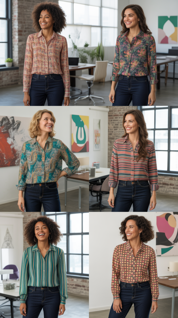  Dark Jeans with Printed Blouse