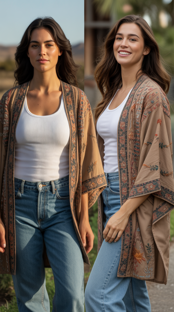  Embroidered Kimono over Simple Outfit