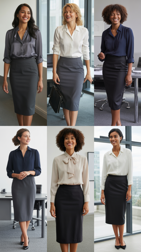 The Midi Pencil Skirt with Blouse Ensemble