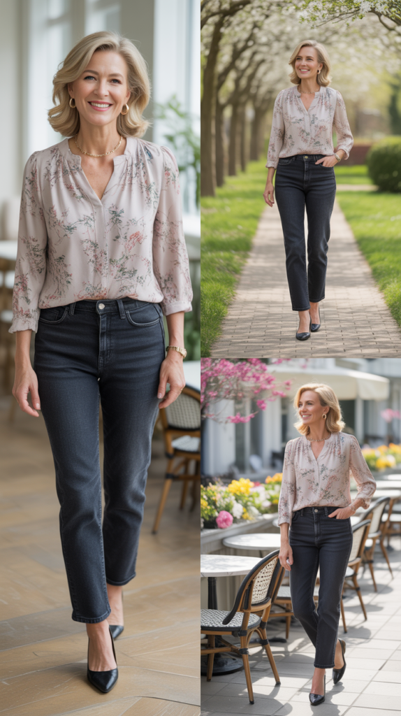  Printed Blouse with Dark Jeans