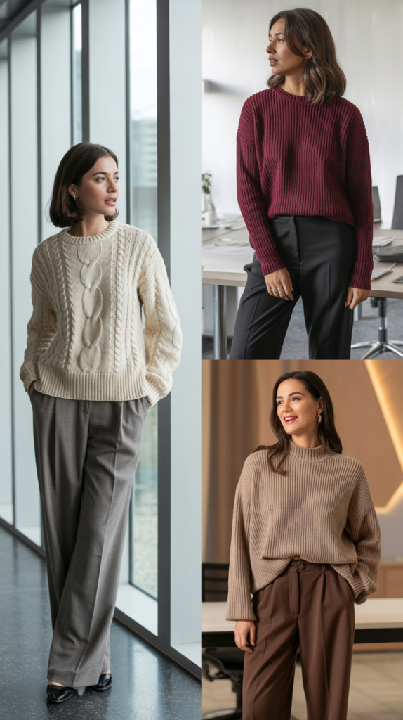 Wool Trousers with Chunky Knit Sweaters