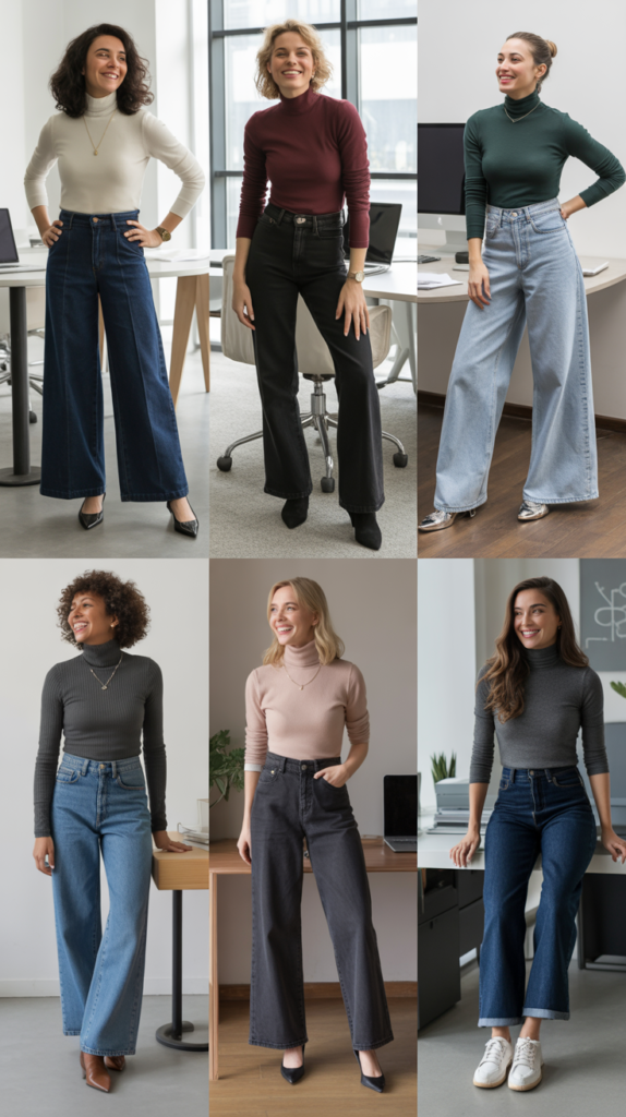 Wide Leg Jeans with Fitted Turtleneck