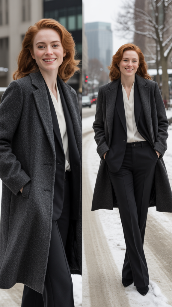 Charcoal Wool Coat Over Monochrome Base