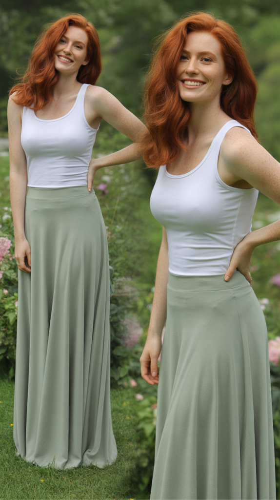 Sage Green Maxi Skirt with White Tank