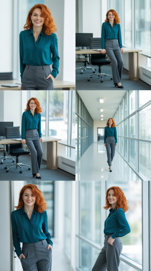 Teal Blouse with Grey Trousers