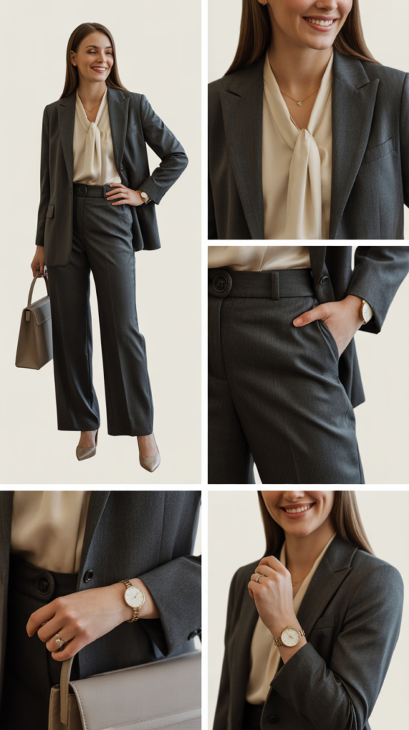 Cream Blouse with Charcoal Gray Suit