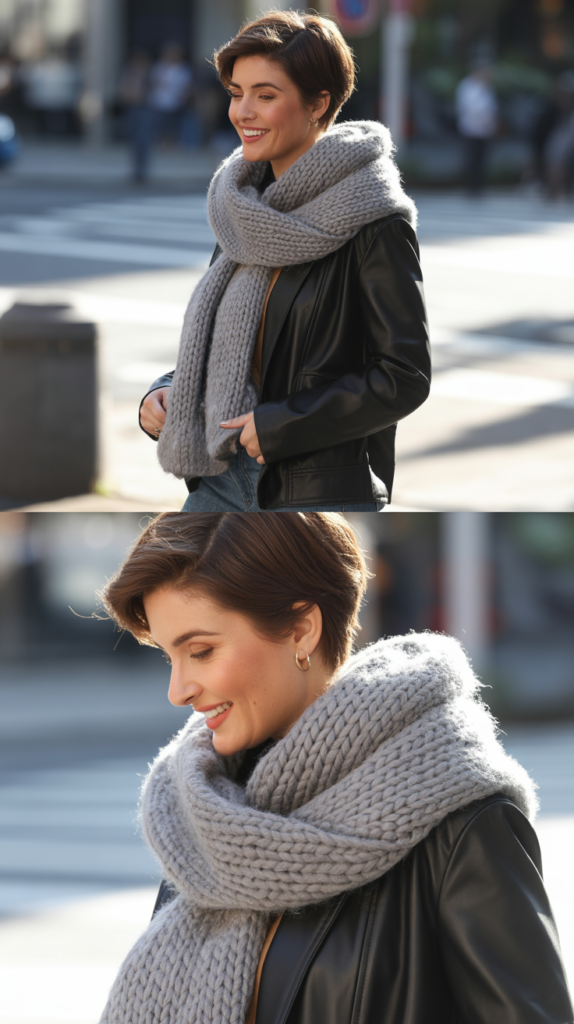 Chunky Knit Scarf with Leather Jacket Edge