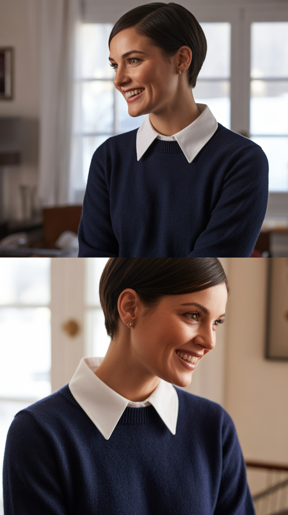 Statement Collar Shirt Under Crew Neck Sweater