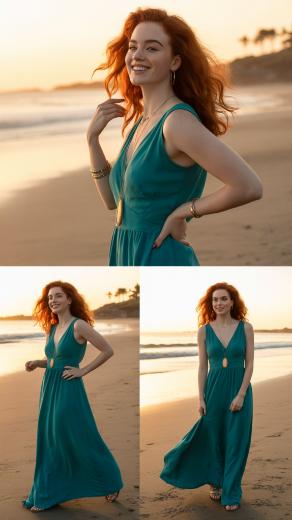 Teal Maxi Dress with Gold Accessories