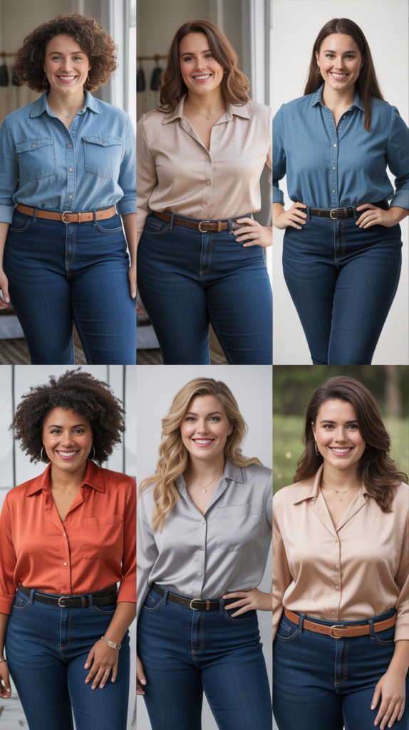 High-Waisted Dark Jeans with Tucked-In Blouse