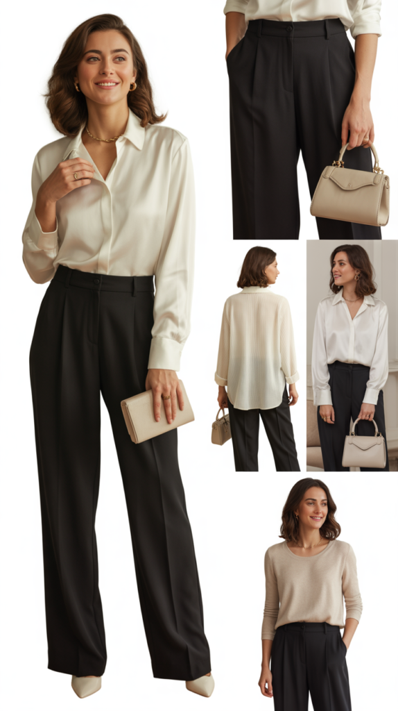 Ivory Blouse with Black Wide-Leg Trousers