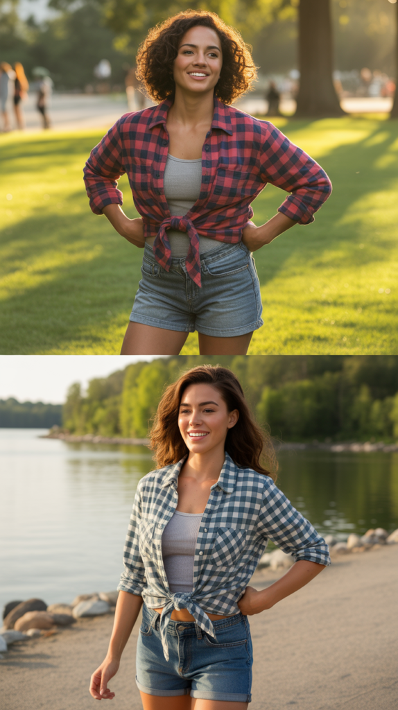 Plaid Shirt Tied at Waist with Tank and Shorts