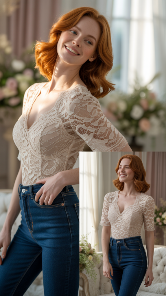 Ivory Lace Top with High-Waisted Jeans