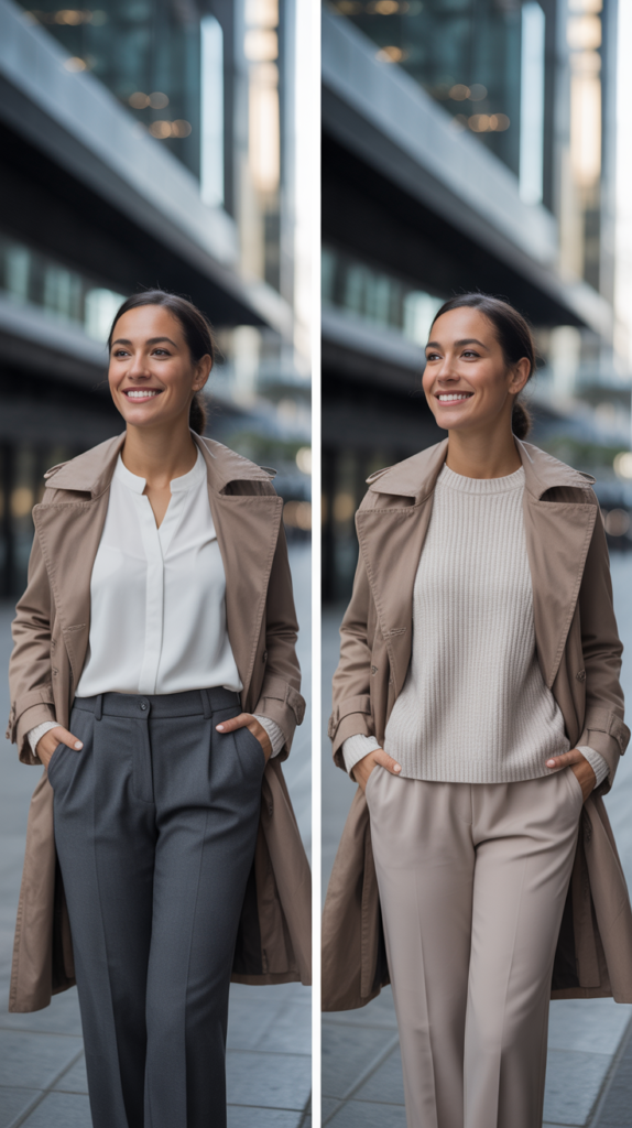 Taupe Trench Coat over Neutral Separates