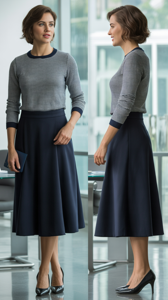 Navy Midi Skirt with Striped Sweater