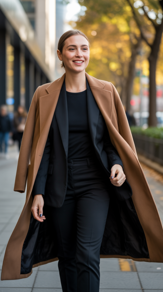 Camel Coat with All Black Everything
