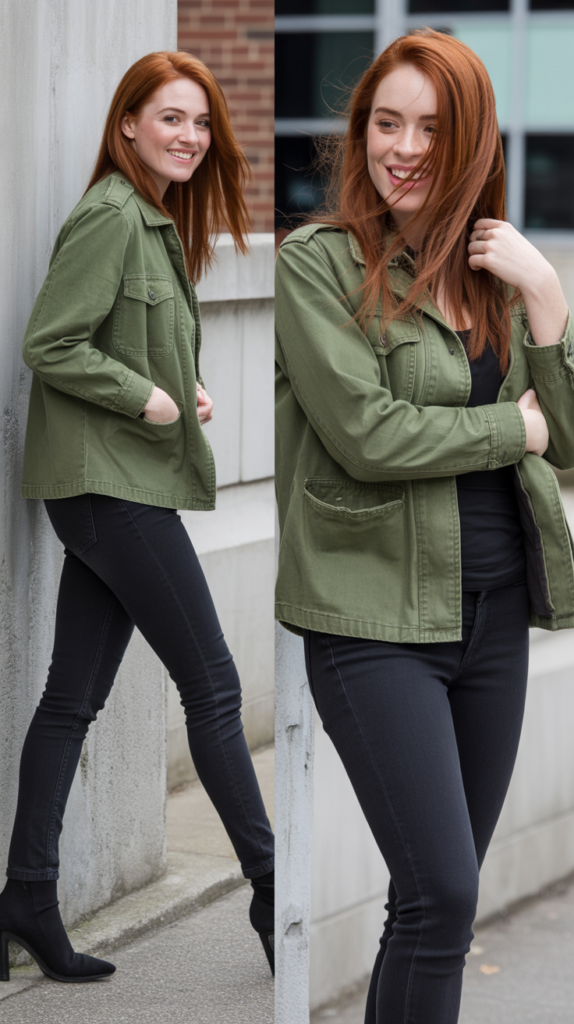  Olive Green Military Jacket with Black Skinny Jeans