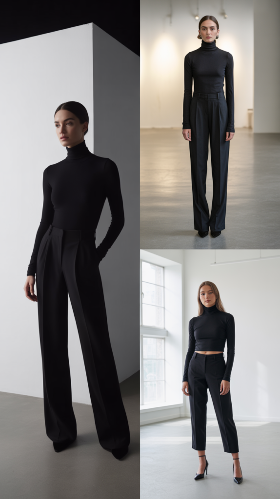 Black Turtleneck and Black Trousers