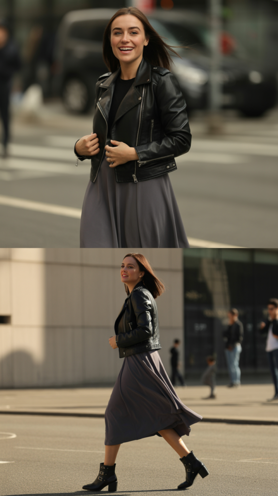  Leather Jacket and Midi Skirt