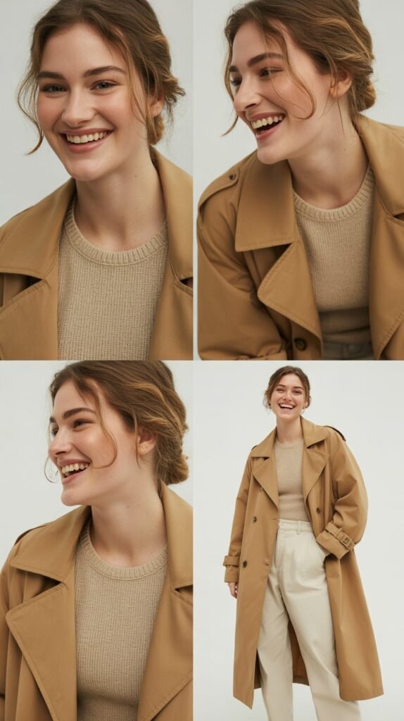 Camel Trench Coat Over Neutral Basics