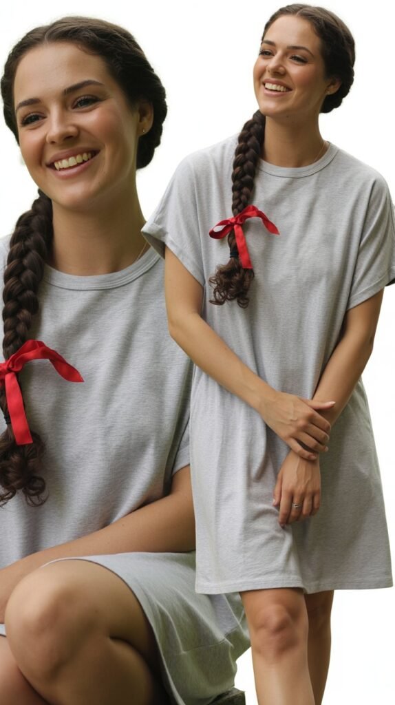 Red Ribbon Braid with Casual T-shirt Dress