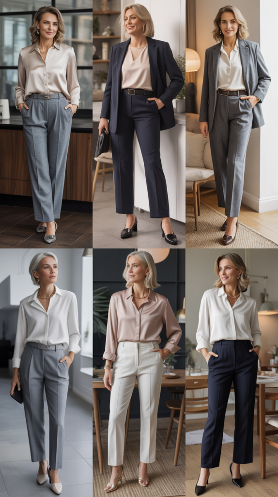 Wool Trousers with Silk Blouse