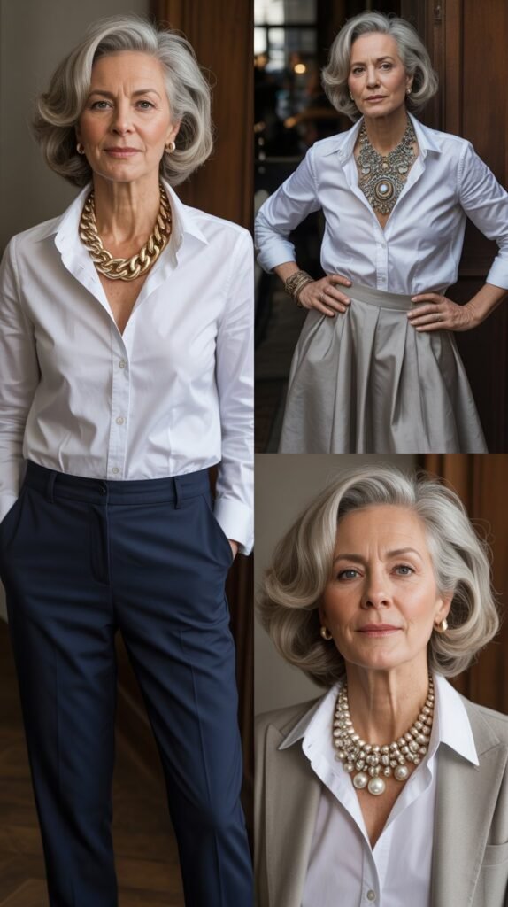 Classic White Shirt with Statement Necklace