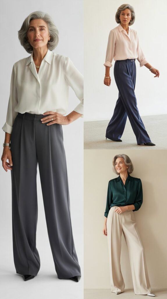 Tailored Wide-Leg Trousers with Silk Blouse