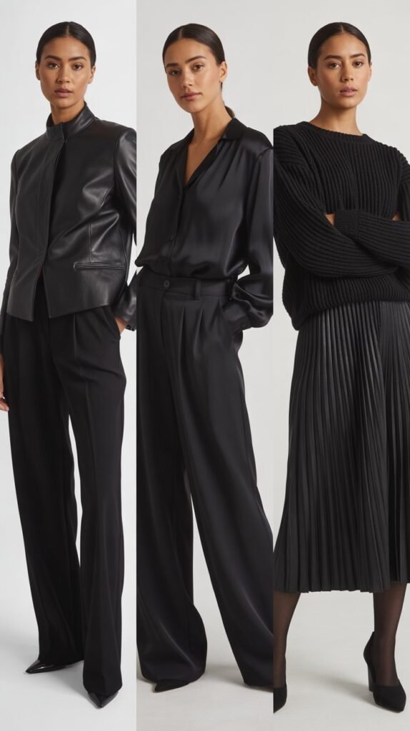 All-Black Ensemble with Texture Variation