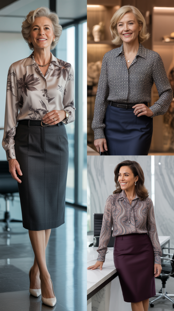  Printed Blouse with Pencil Skirt