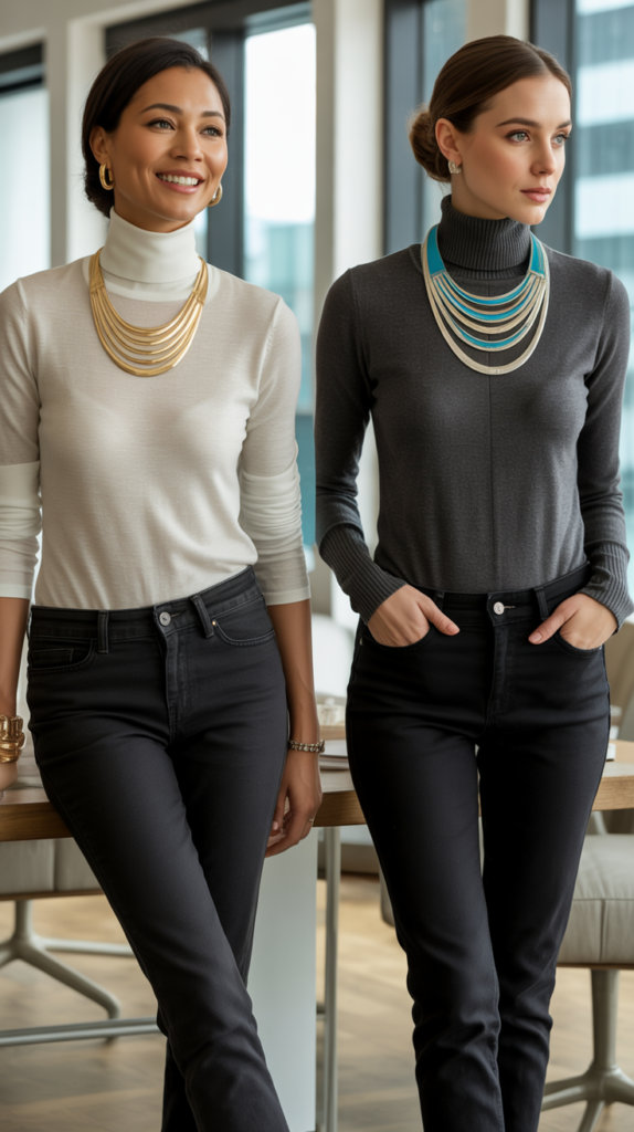  Black Jeans with Turtleneck and Statement Necklace
