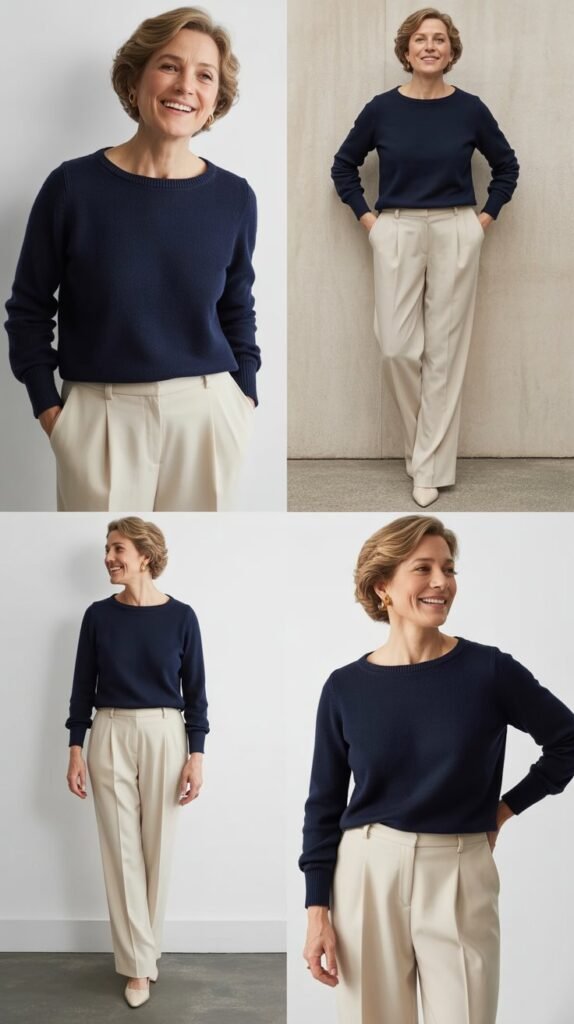 Cream Trousers with Navy Knit Top