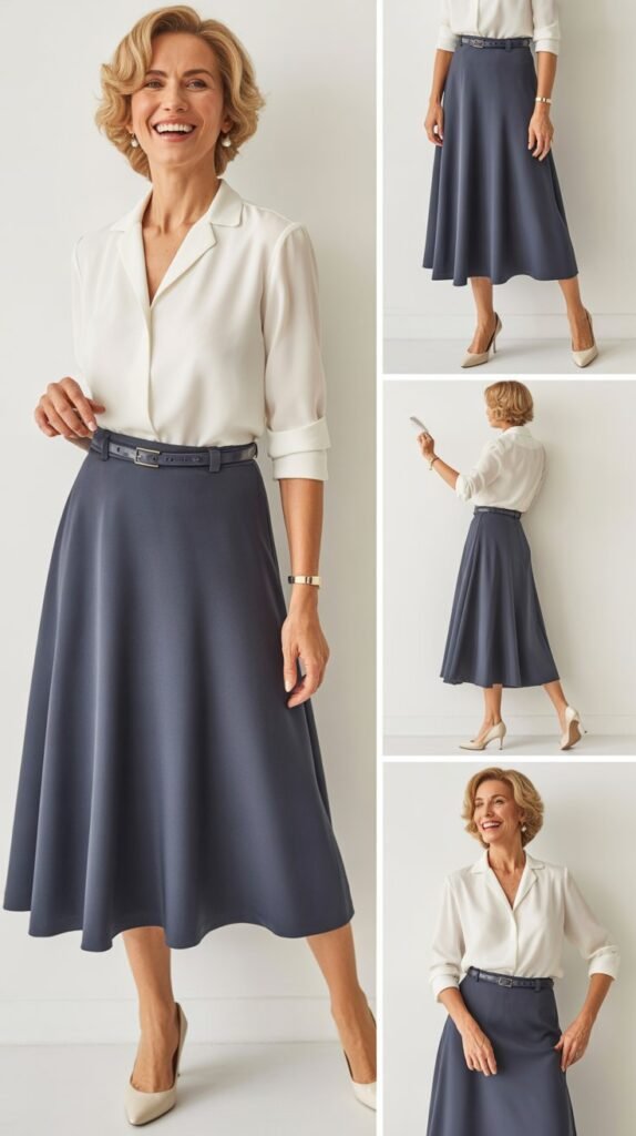 The Elegant Midi Skirt with Tucked Blouse