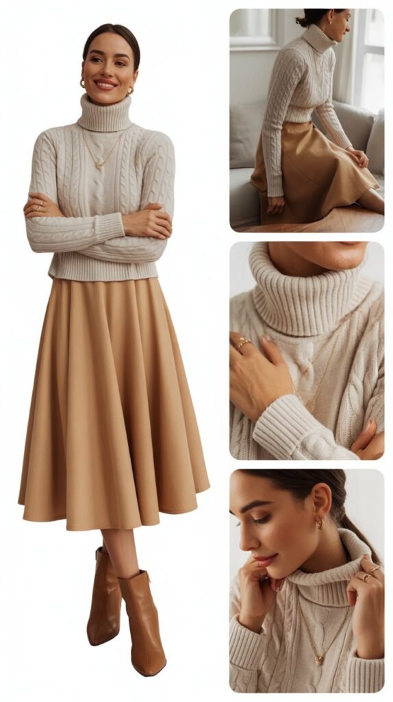 Cozy Turtleneck Tucked into A-Line Skirt