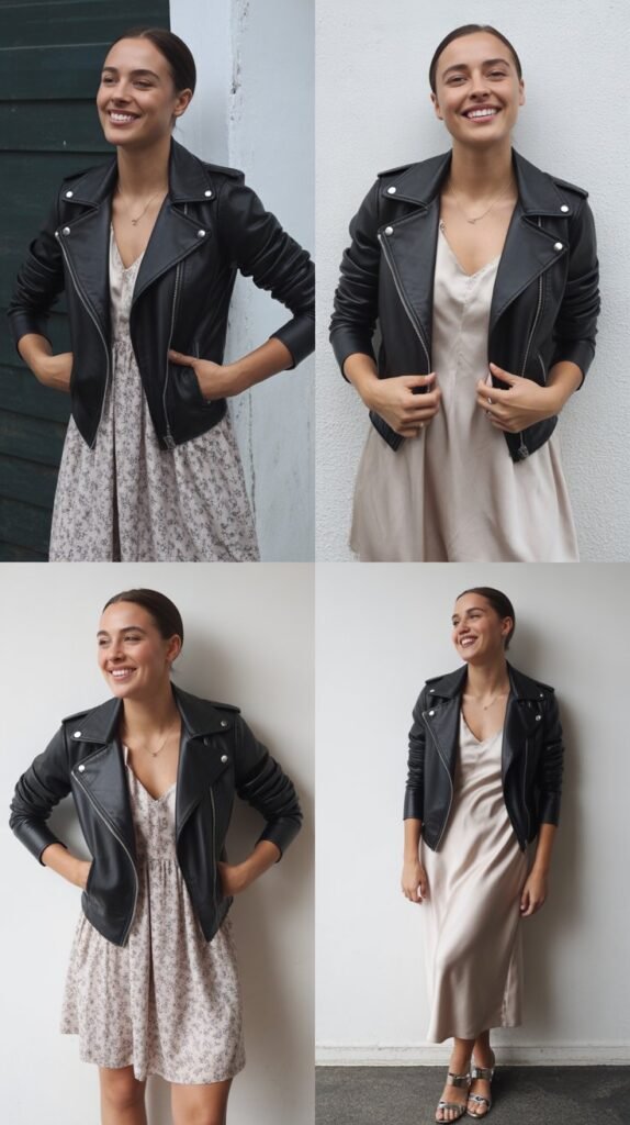 The Leather Jacket and Feminine Dress Contrast