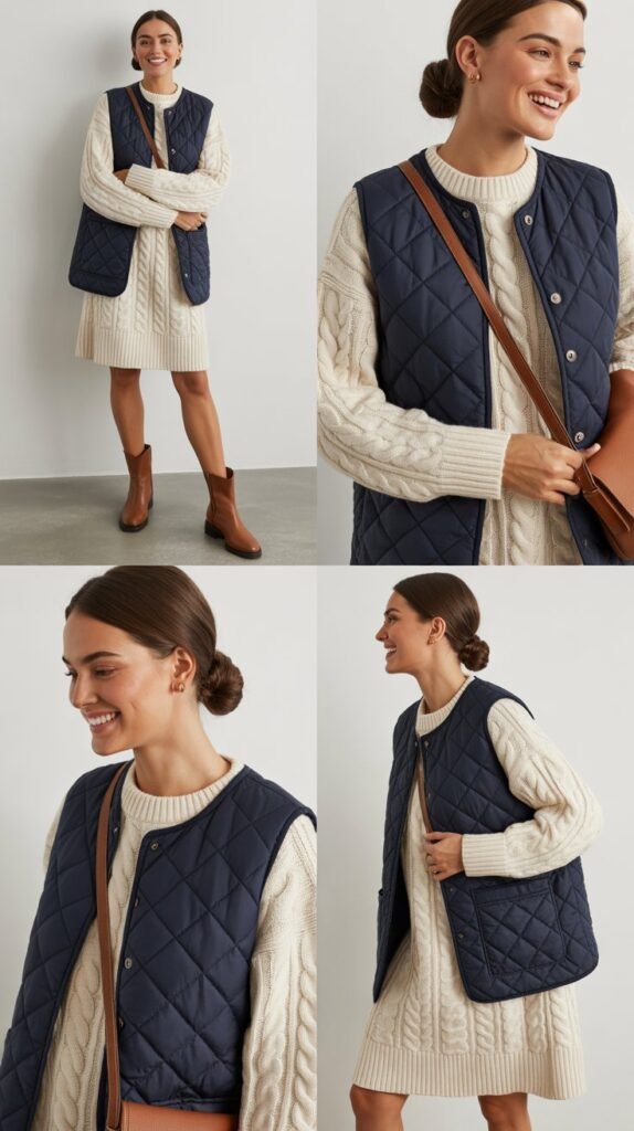 Quilted Vests Over Sweater Dresses