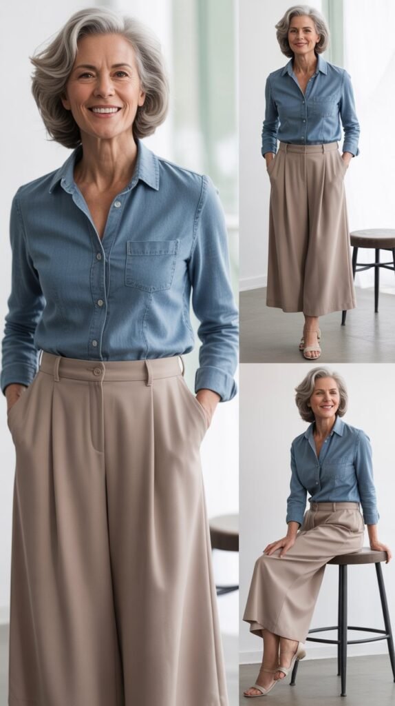 Chambray Shirt with Neutral Culottes