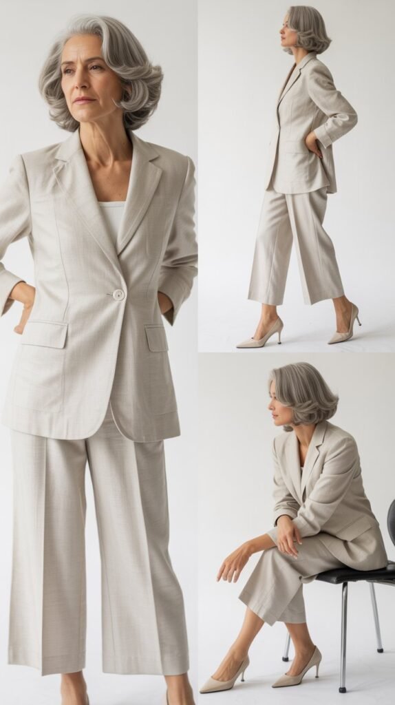 Linen Blazer with Cropped Wide-Leg Trousers
