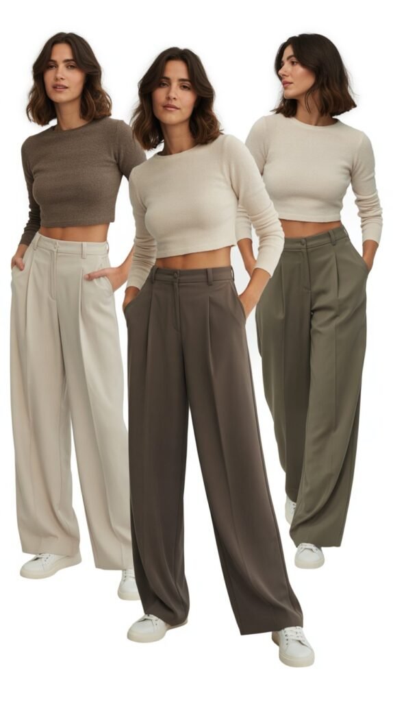  Wide-Leg Trousers with Cropped Sweater and Minimalist Sneakers