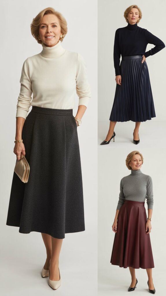 Midi Skirt with Turtleneck or Mock Neck