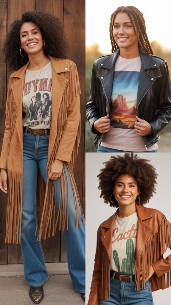 Fringe Leather Jacket Over Graphic Western Tee