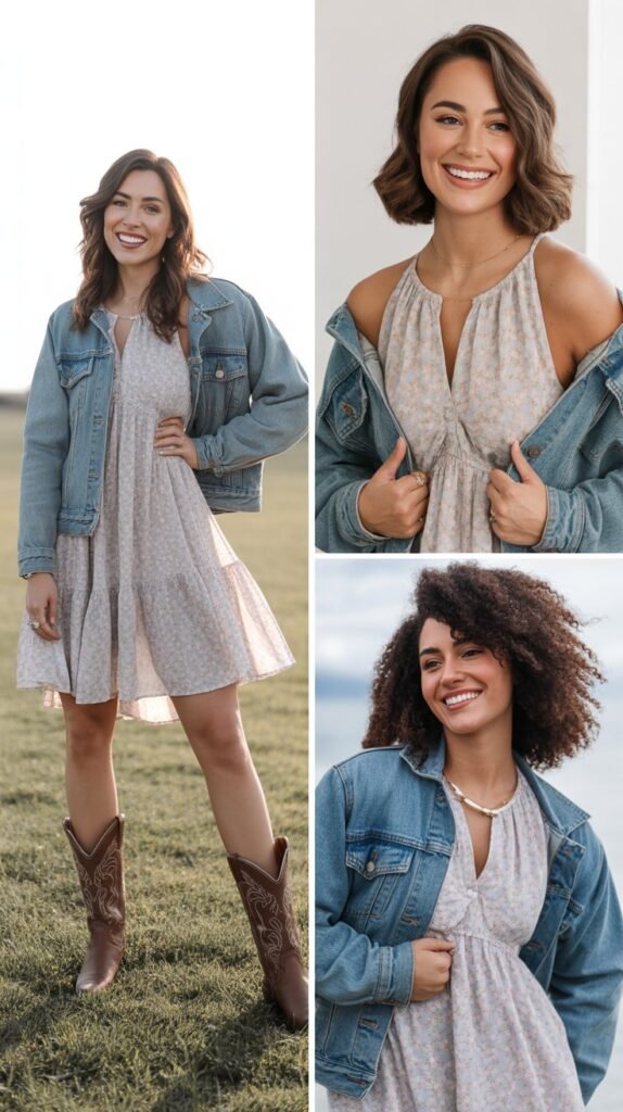 Floral Print Dress with Cowboy Boots and Denim Jacket