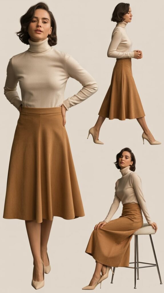 Suede Skirt with Cashmere Turtleneck